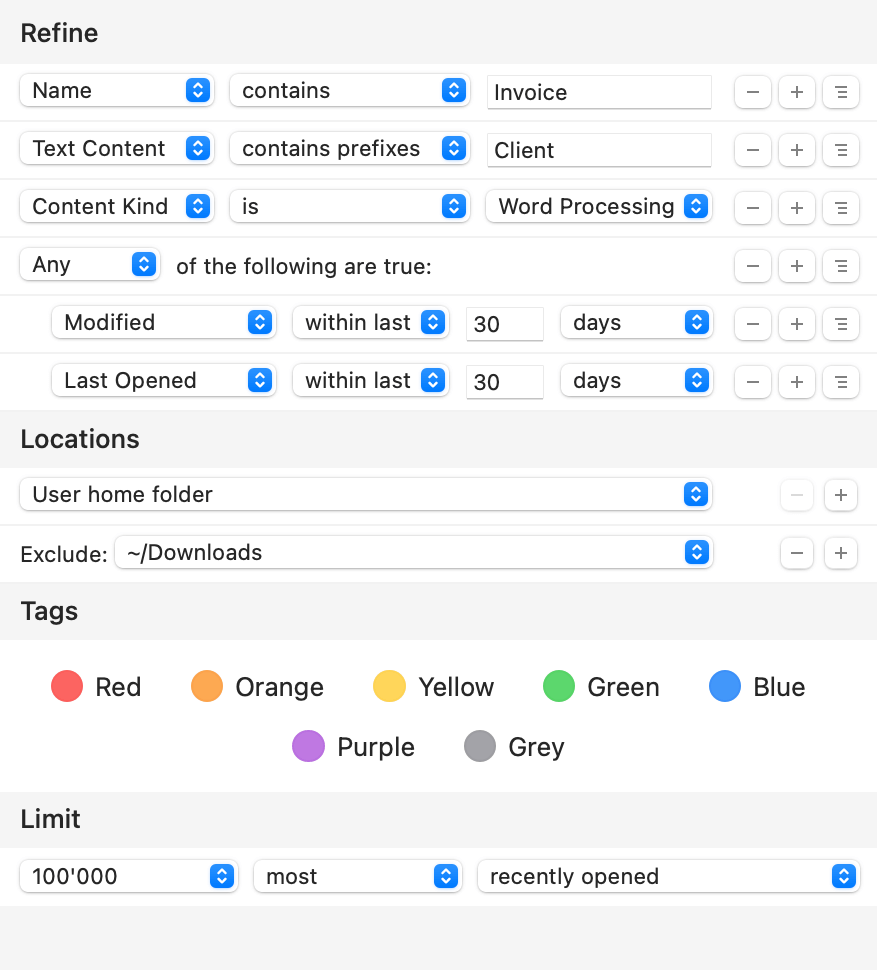 Screenshot: Find files using multiple criteria